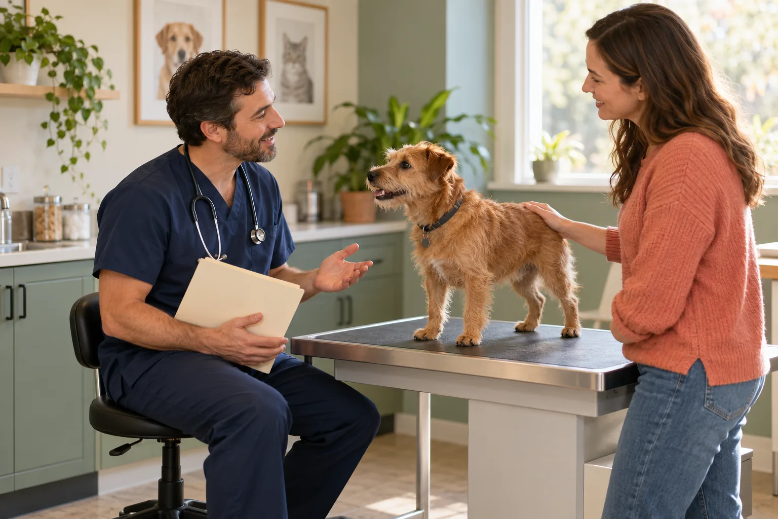 Owner and a small dog speaking with a veterinary professional